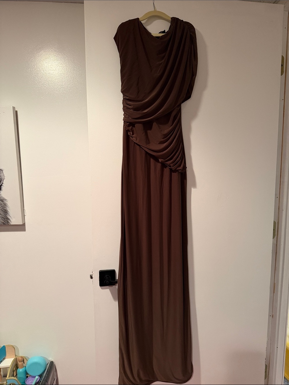 PrettyLittleThing Brown Draped One-Shoulder Maxi Dress
